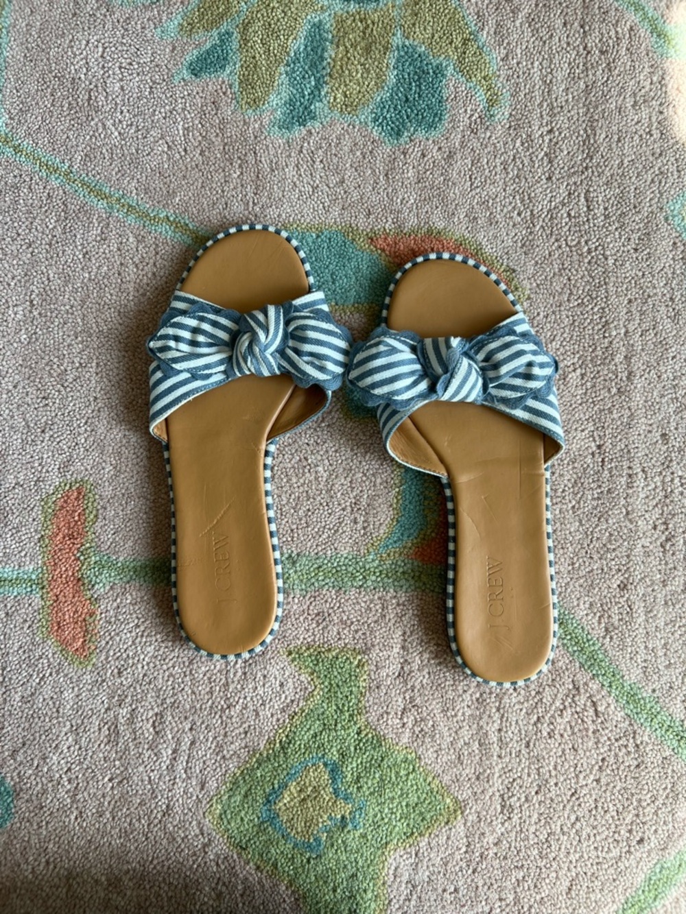 J. Crew Blue and White Striped Knot Slide Sandals